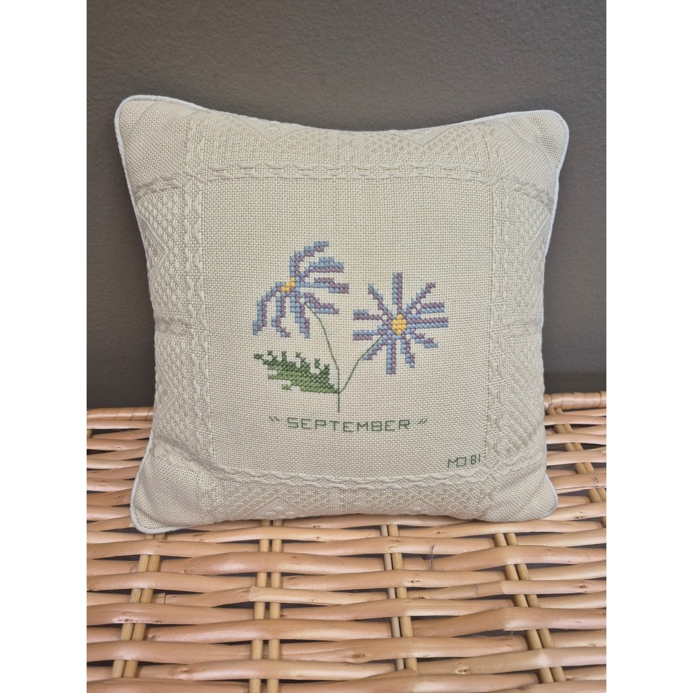 Vintage September Birth Flower Cross Stitch Pillow Aster Morning Glory 8x8 Decor